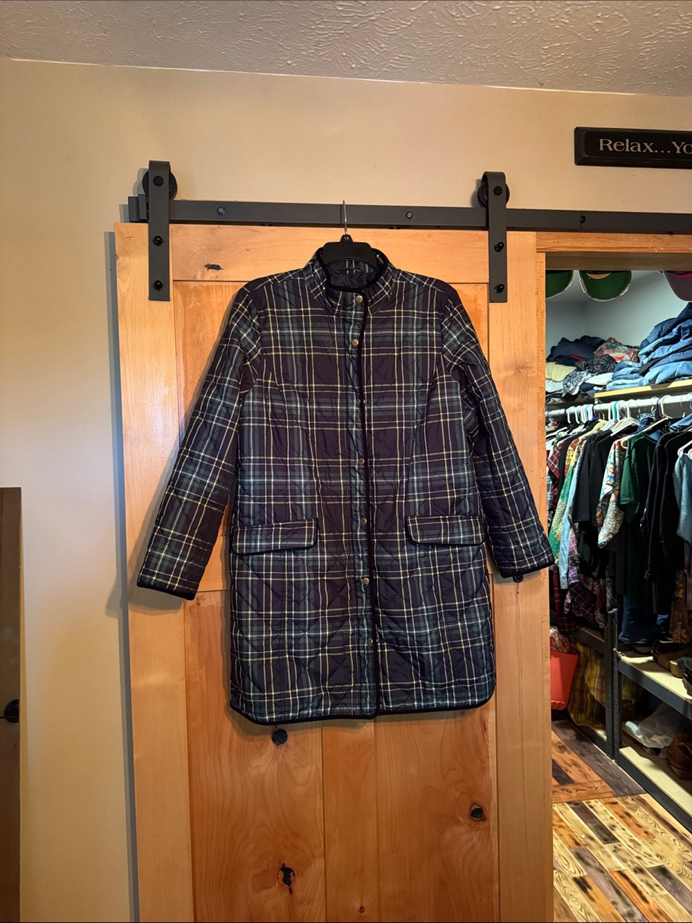 Talbots Navy Plaid Quilted Long Coat with Tan & Green, gold, white accents